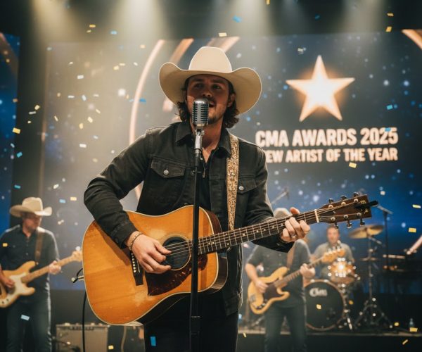Zach Top singing on stage with guitar wearing cowboy hat at CMA Awards 2025 with band behind him