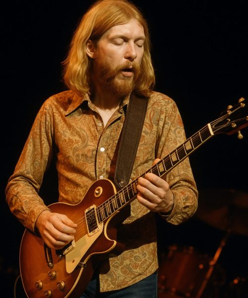 Duane Allman playing his Gibson Les Paul on stage with the Allman Brothers Band in the early 1970s, long hair, tie-dye vest, and a large cheering crowd behind him.